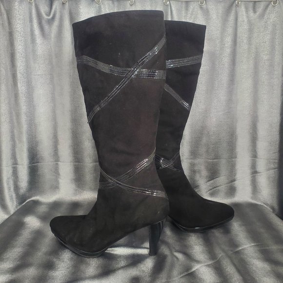 Impo Side Zip-up Mid-calf/Knee-hi Heels black Boots Santana Faux Suede Size 8.5M - Picture 10 of 15